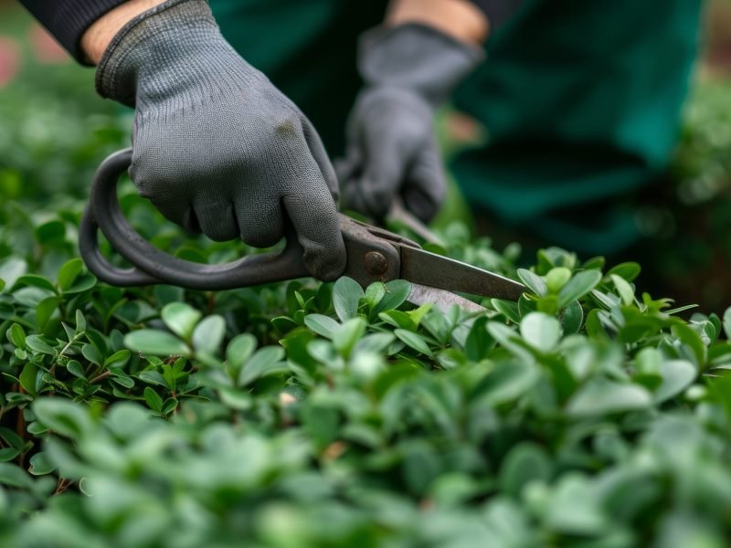 A young handsome gardener trims a boxwood bush with large garden