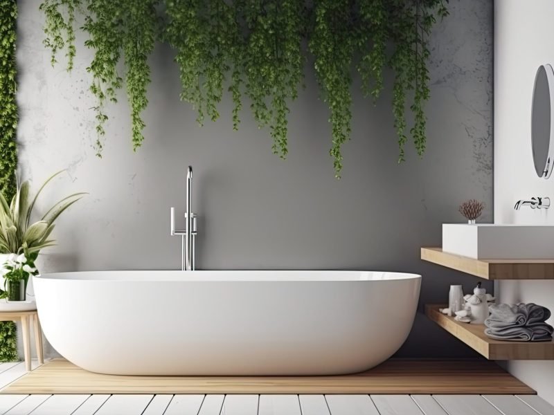 Natural bathroom design. Illustration AI Generative